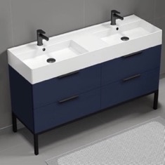 Modern Double Bathroom Vanity, Blue, 56 inch, Free Standing